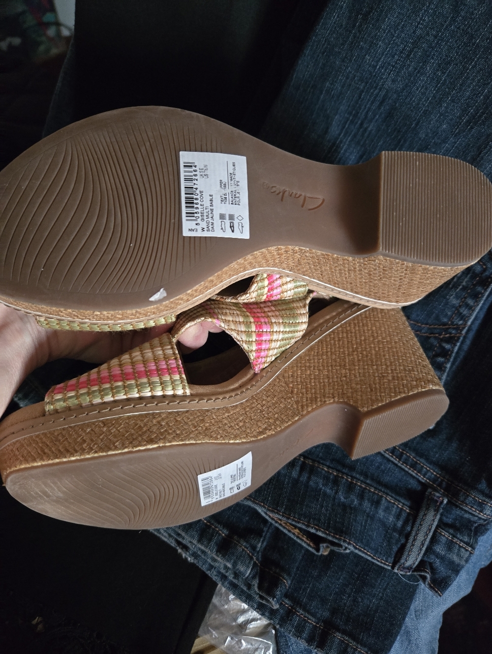 Clarks Woven Pink and Tan Wedge Sandals - Picture 2 of 3